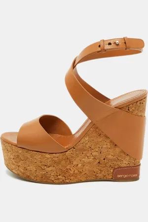 Sergio Rossi Leather Strappy Cork Platform Wedge Sandals Size 39
