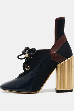 Dior Tricolor Patent Leather and Canvas Lace Up Block Heel Booties Size 38.5