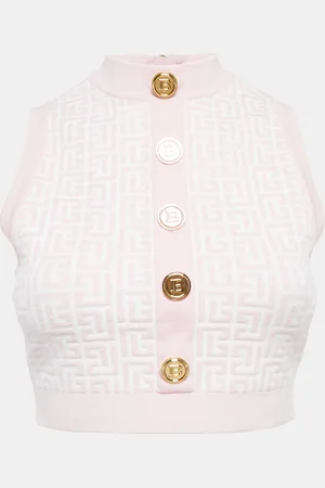 Balmain Monogram Jacquard Knit Sleeveless Crop Top S