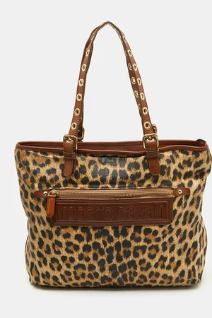 Roberto Cavalli Leopard Print Straw and Leather Front Zip Tote