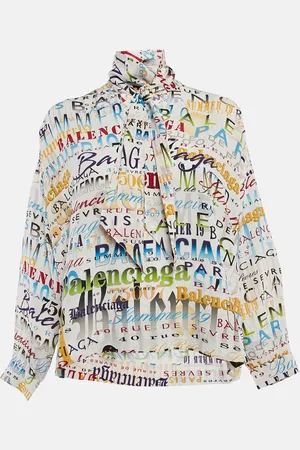 Balenciaga Silk Logo Print Tie-Up Neck Detail Blouse S