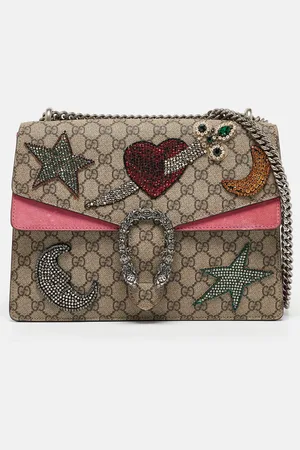 Gucci /Pink GG Supreme Canvas and Suede Medium Crystals Embellished Dionysus Shoulder Bag