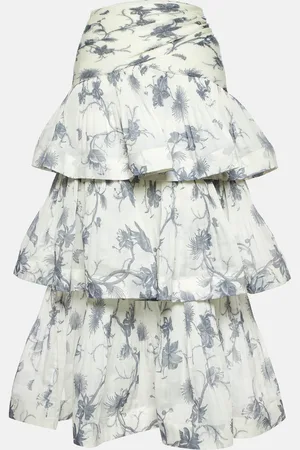 ZIMMERMANN Kiera Navy Printed Silk Plisse Tiered Midi Skirt S
