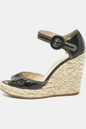 Prada Patent Leather Wedge Ankle Strap Sandals Size 38.5