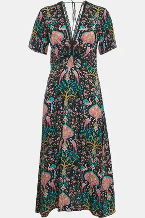 Sandro Multicolor Printed Crepe Jacquard Lace Trim Detail Midi Dress S