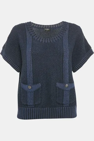 CHANEL Navy Wool Crochet Pullover XL
