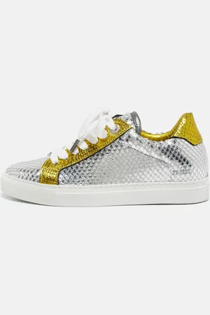 Zadig & Voltaire Silver/ Snakeskin Embossed Leather Lace Up Sneakers Size 36