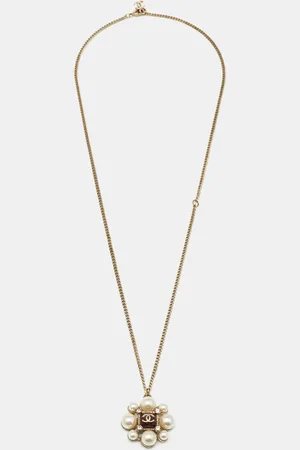 CHANEL CC Faux Pearl Resin Crystals Tone Pendant Necklace