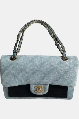 CHANEL Blue Denim Double Flap Shoulder Bag