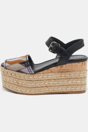 Prada Leather and Suede Cork Espadrille Platform Ankle Strap Sandals Size 36