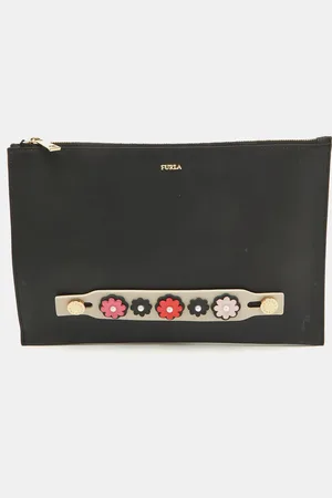Furla Leather Floral Handle Flat Zip Pouch Clutch