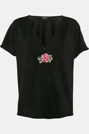 CHANEL Rose Embroidered Wool Blend V-Neck Top XL