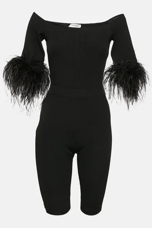 Saint Laurent Saint Laurent Ostrich Feather Trim Rib Knit Jumpsuit XS