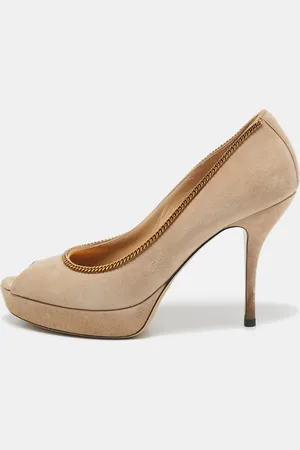 Gucci Suede Chain Peep Toe Platform Pumps Size 37
