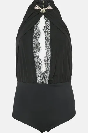 Elisabetta Franchi Embellished Jersey and Lace Halter Neck Bodysuit M