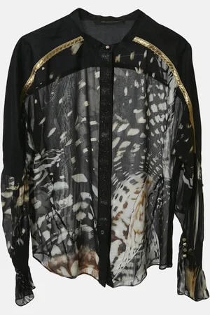 Roberto Cavalli Black/ Sheer Silk Trimmed Button Front Blouse L