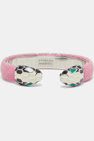 Bvlgari Serpenti Forever Enamel Galuchat Leather SIlver Tone Open Cuff Bracelet