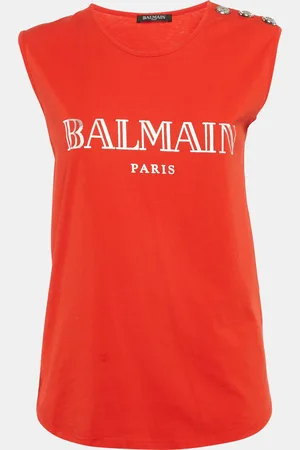 Balmain Logo Print Cotton Knit Button Front Sleeveless S