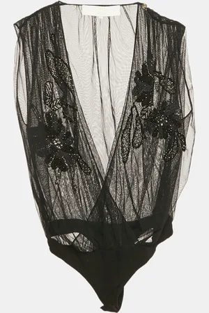 Elisabetta Franchi Gold Embellished Tulle Sleeveless Bodysuit S