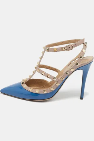 VALENTINO /Beige Patent and Leather Caged Rockstud Ankle Strap Pumps Size 39