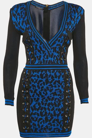 Balmain Black/ Leopard Knit Lace-Up Mini Dress S