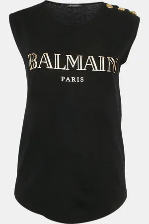 Balmain Logo Print Cotton Knit Button Detail Sleeveless Top S