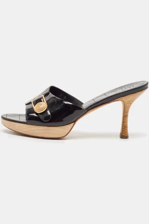 CHANEL Vintage Patent Leather CC Wooden Platform Clogs Size 39