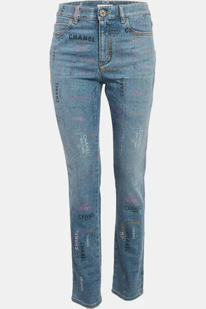 CHANEL Logo All Over Print Denim Jeans M Waist 27"