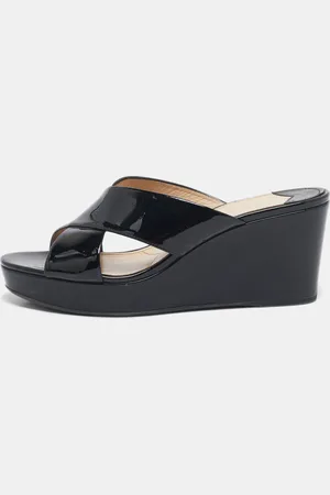 Prada Patent Leather Criss Cross Wedge Platform Slide Sandals Size 41