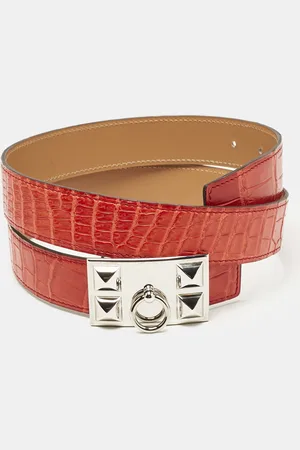 Hermès Geranium Crocodile Porosus Collier De Chien Reversible Belt 85 CM