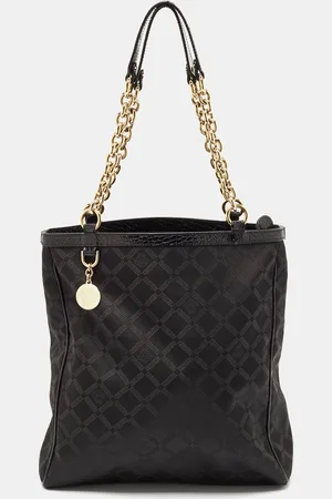 VERSACE Signature Fabric and Croc Embossed Leather Chain Shopper Tote