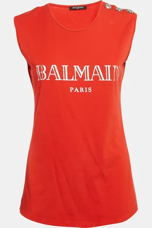 Balmain Orange Logo Print Jersey Button Detail Sleeveless T-Shirt S
