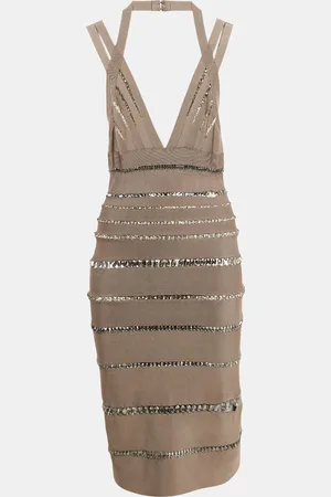 Hervé Léger Tan Bandage Knit Crystal Embellished Cut-Out Bodycon Dress S