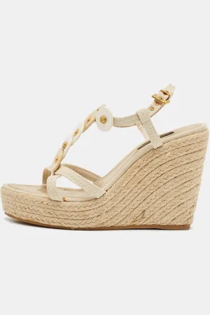 LOUIS VUITTON Canvas Embellished Wedge Sandals Size 37.5