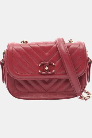 CHANEL Red Reverse Chevron Quilted Leather Round Top Handle Bag