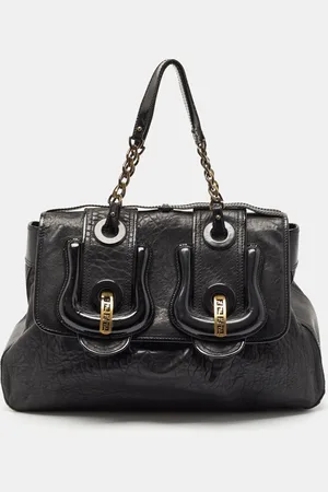 Fendi Pebbled Leather and Patent Leather Large B Shoulder Bag