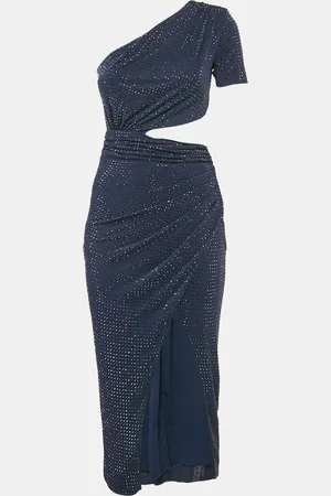 Self-Portrait Rhinestone Embellish Jersey One-Shoulder Midi Dress S
