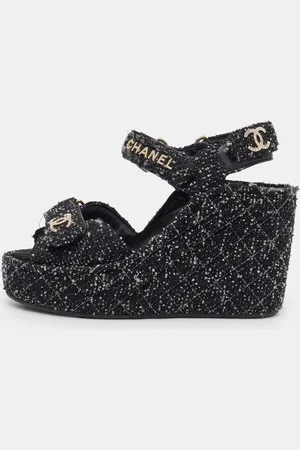 CHANEL Quilted Tweed CC Platform Wedge Sandals Size 37