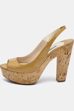 Prada Patent Leather Open Toe Cork Platform Slingback Sandals Size 36.5