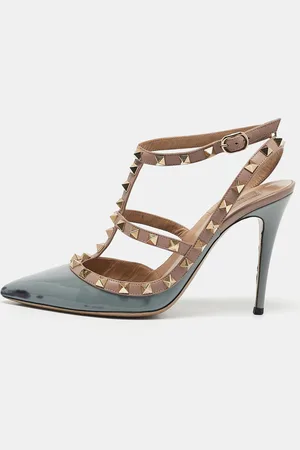 VALENTINO Pale /Beige Patent Leather Rockstud Ankle Strap Pumps Size 38