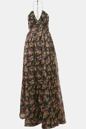 ALICE+OLIVIA Floral Print Silk-Taffeta Saori Gathered Gown M