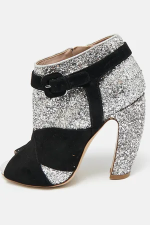 Miu Miu /Black Glitter and Suede Peep-Toe Ankle Boots Size 36