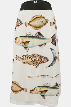 Dolce & Gabbana Off Fish Print Crepe Midi Skirt S