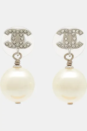 CHANEL CC Crystal Embellished Faux Pearl Tone Drop Earrings