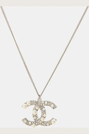 CHANEL CC Crystals Faux Pearl Tone Necklace