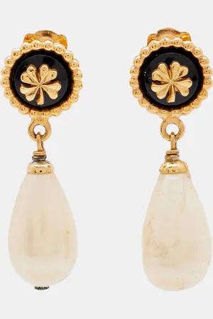 CHANEL Clover Enamel Faux Pearl Tone Clip On Earrings