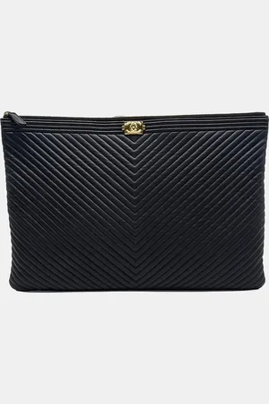 CHANEL Leather Chevron Boy Large Clutch Bag