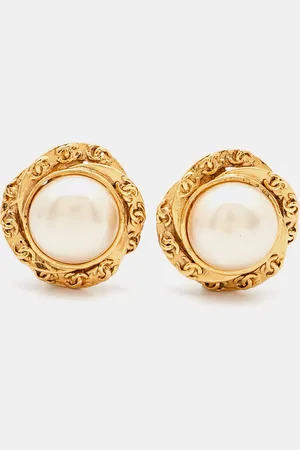 CHANEL CC Faux Pearl Tone Clip On Earrings