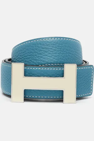 Hermès Bleu Jean/Noir Togo and Box Leather Enamel Quiz H Buckle Reversible Belt 90 CM