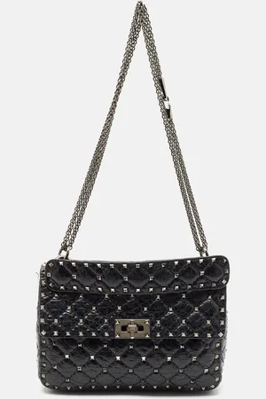 VALENTINO Quilted Crackle Leather Medium Rockstud Spike Top Handle Bag